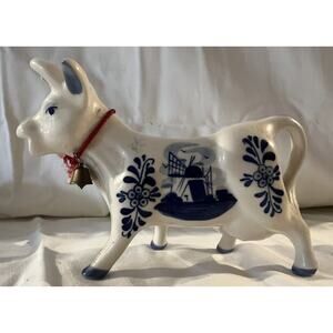 Vtg Delfts Blue And White Cow Creamer Pitcher Dutch Windmill Floral Hand Painted